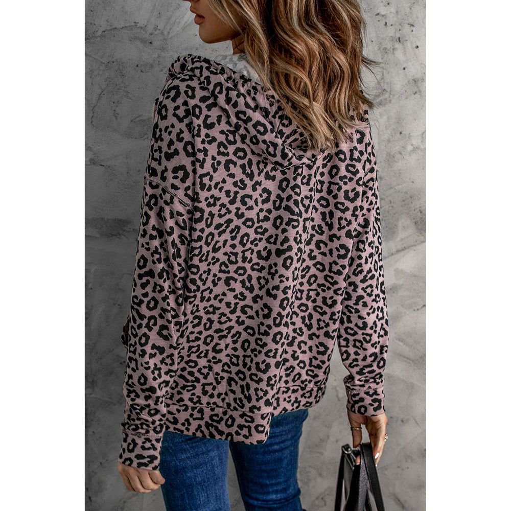 Women's Leopard Print Zipper Hooded Coat with Pocket Image 2