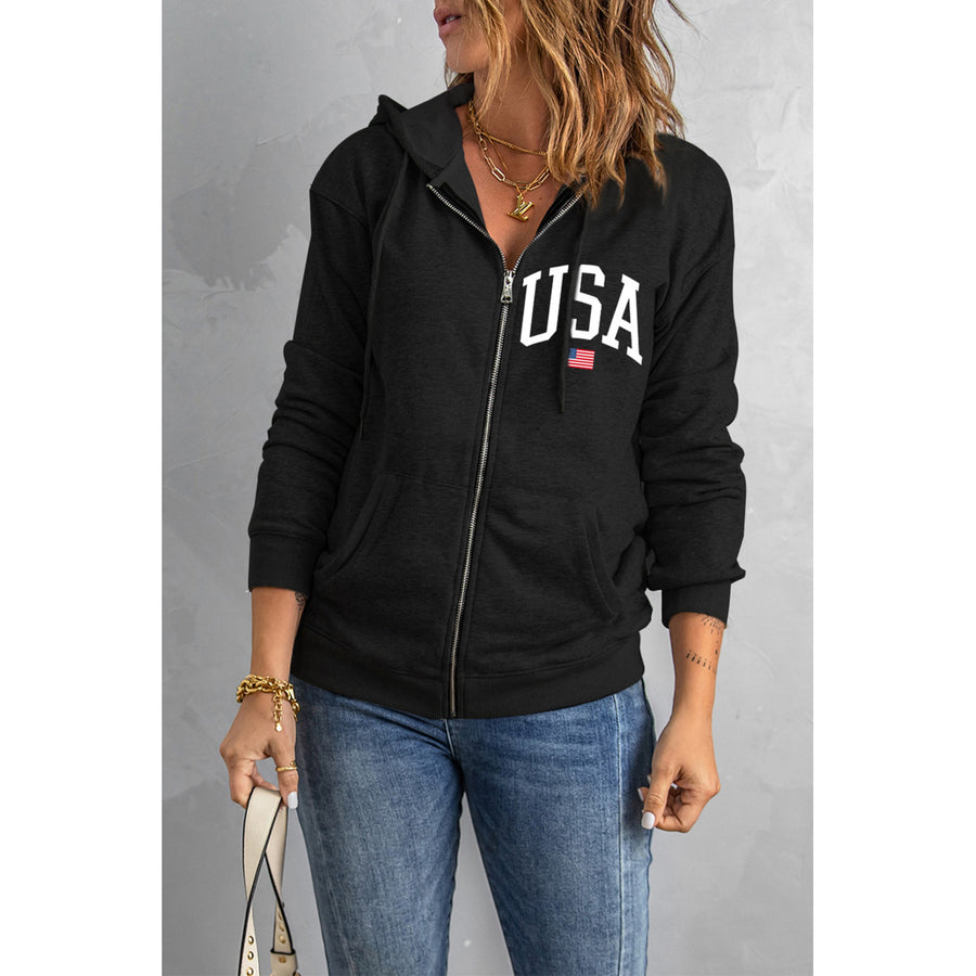 Women's Black USA Flag Pattern Zip Front Hooded Jacket Image 1