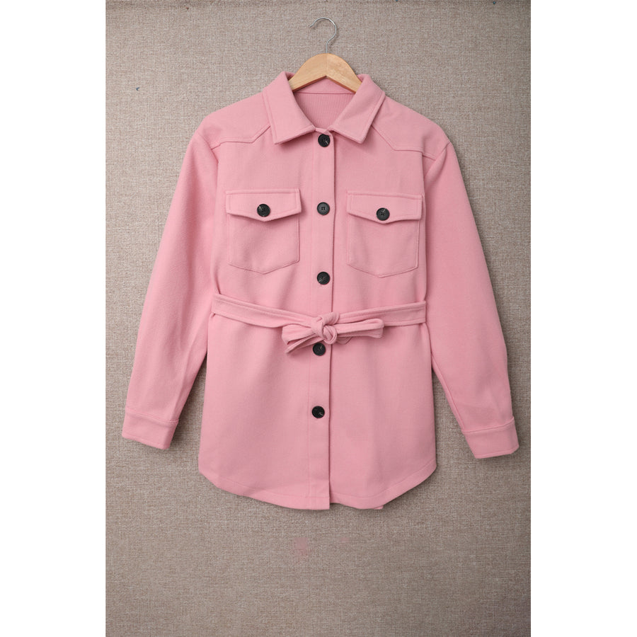 Women's Pink Lapel Button-Down Coat with Chest Pockets Image 1