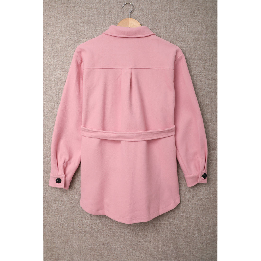 Women's Pink Lapel Button-Down Coat with Chest Pockets Image 2