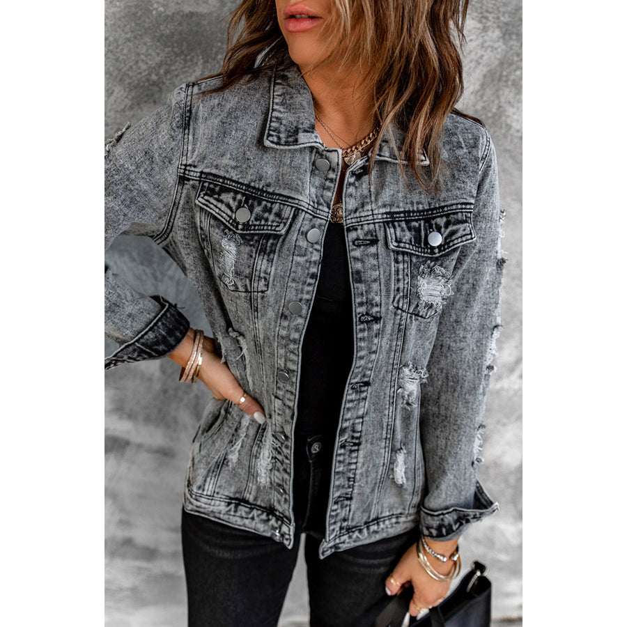 Womens Gray Distressed Buttons Washed Denim Jacket Image 1