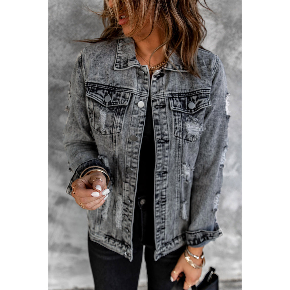 Womens Gray Distressed Buttons Washed Denim Jacket Image 2