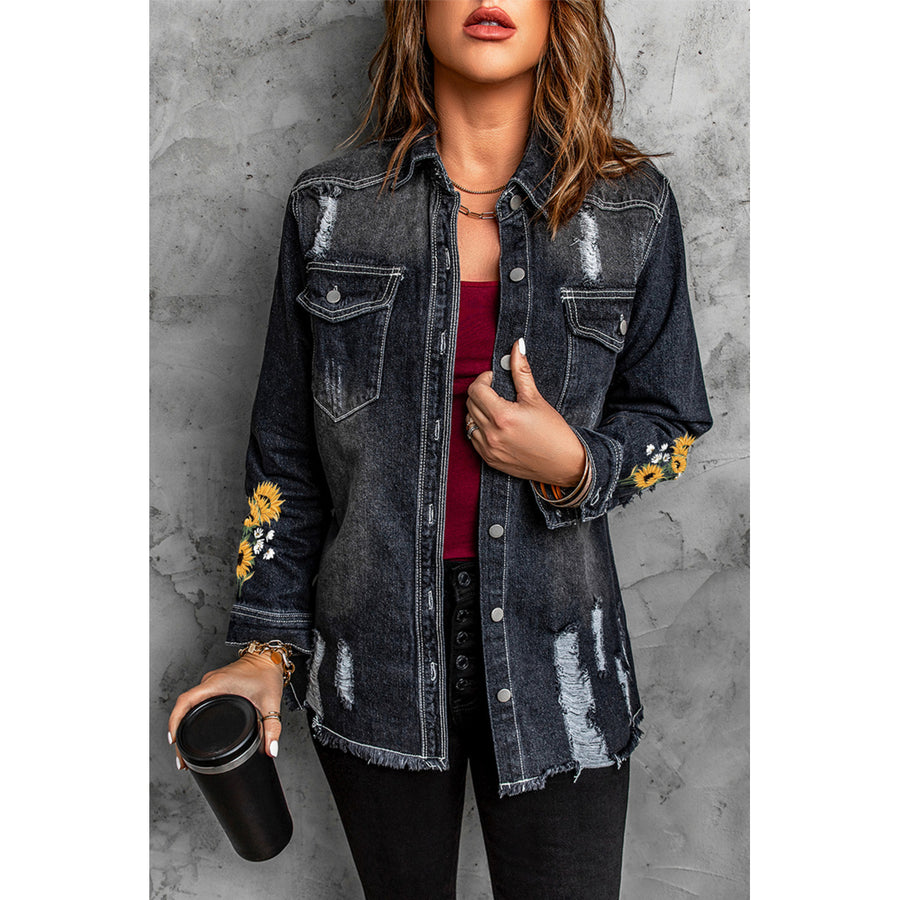 Women's Sunflower Print Pocketed Buttoned Distressed Denim Jacket Image 1