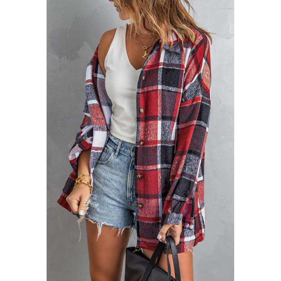 Women's Red Plaid Print Buttoned Shirt Jacket Image 1