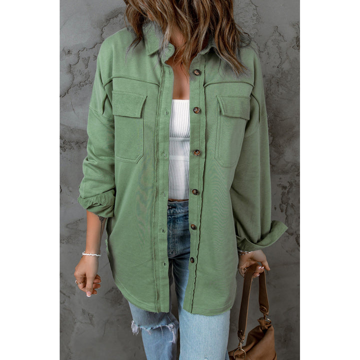 Womens Green Buttoned Long Sleeve Pocketed Shirt Jacket Image 1