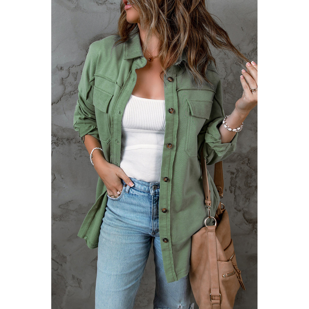Womens Green Buttoned Long Sleeve Pocketed Shirt Jacket Image 3