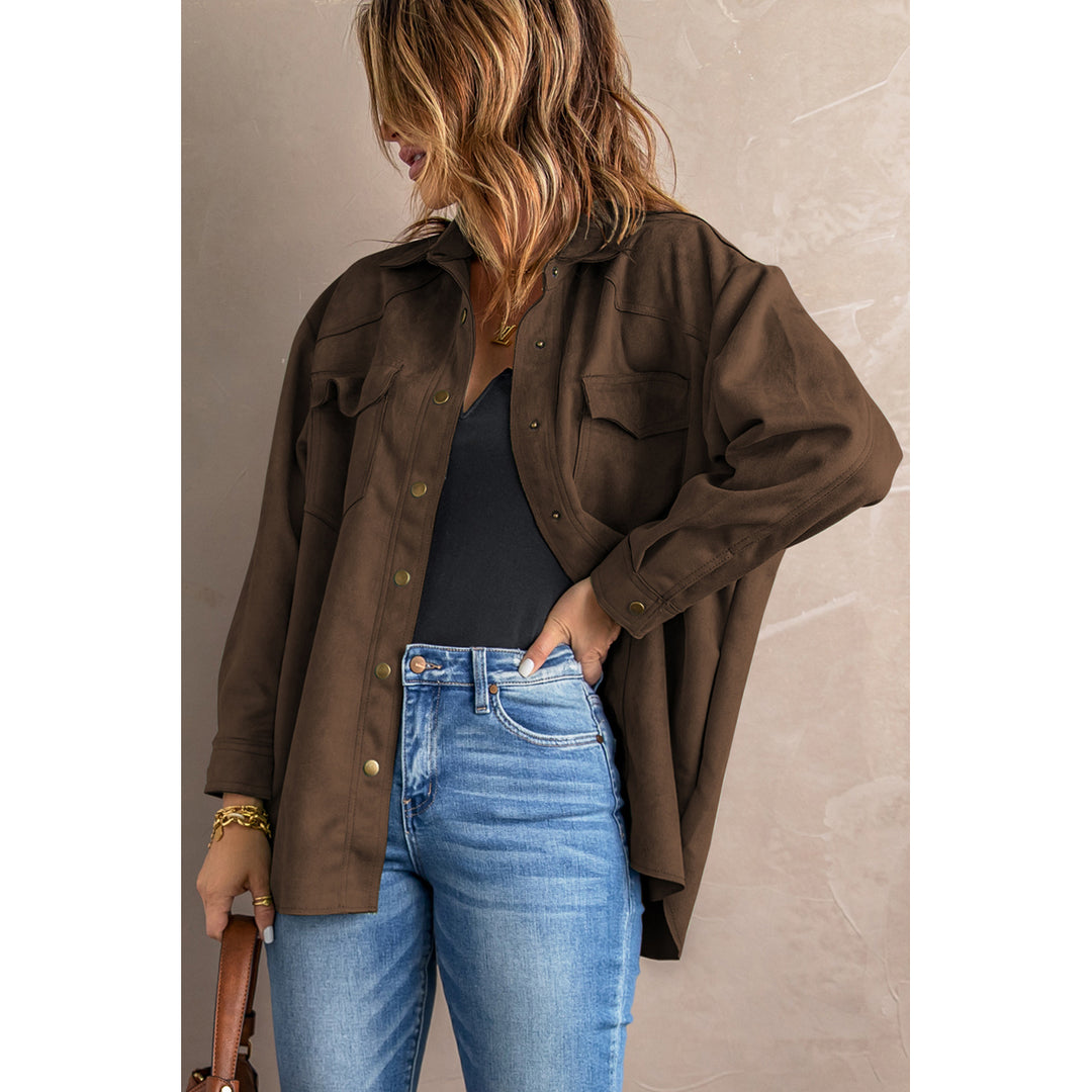 Women's Brown Snap Button Up Suede Jacket Image 1