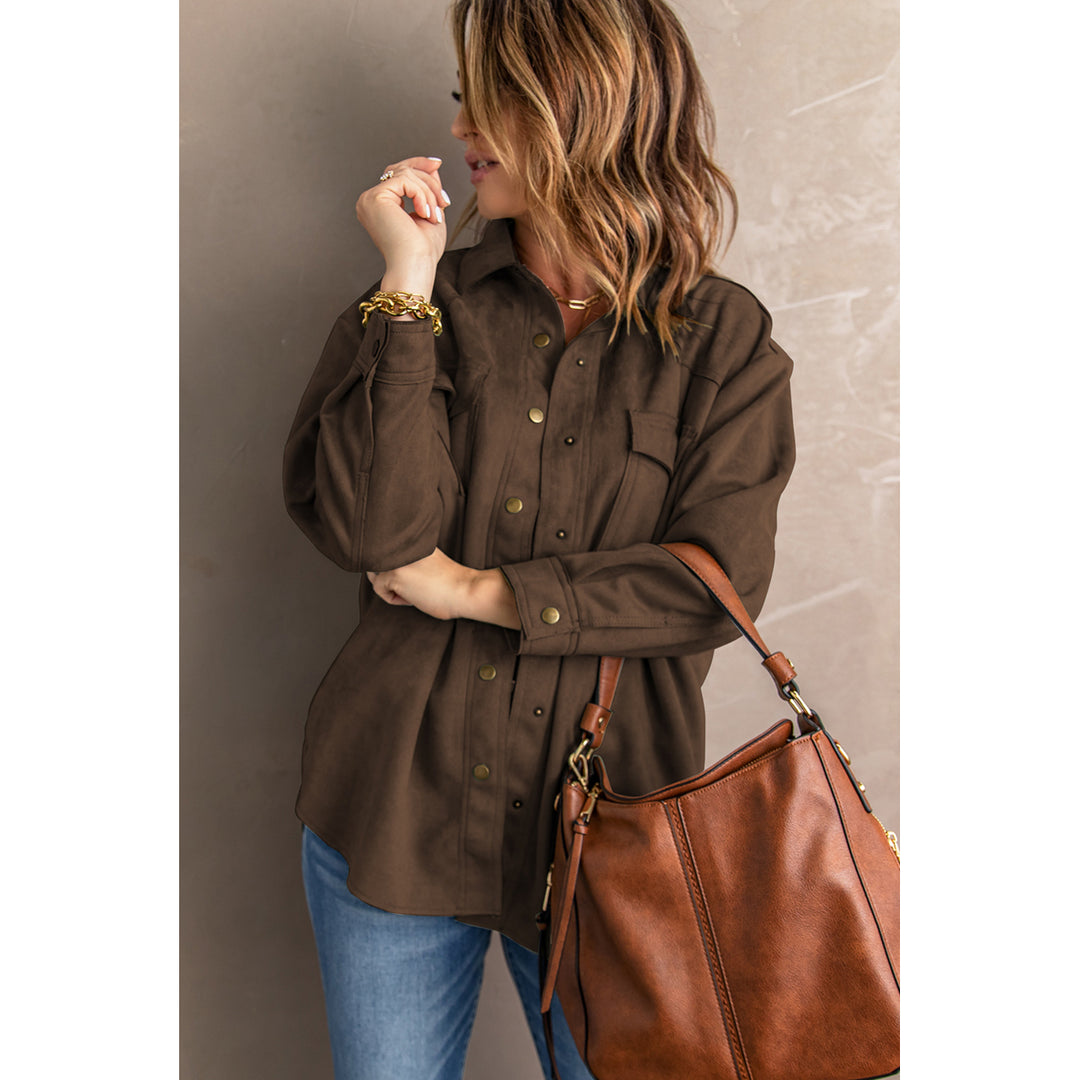 Women's Brown Snap Button Up Suede Jacket Image 3