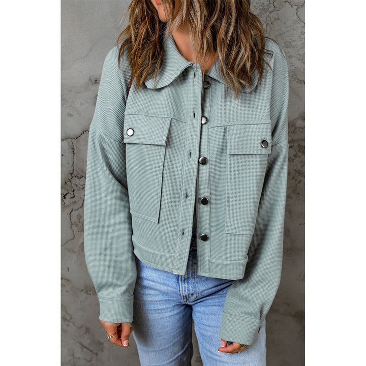 Womens Sky Blue Waffle Knit Buttons Cropped Jacket with Pockets Image 3