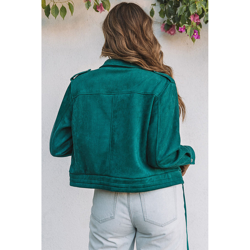 Women's Green Faux Suede Button Down Cropped Jacket Image 2