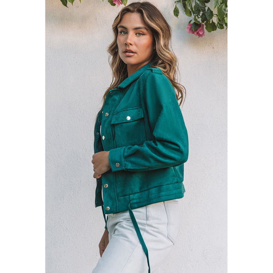 Women's Green Faux Suede Button Down Cropped Jacket Image 1