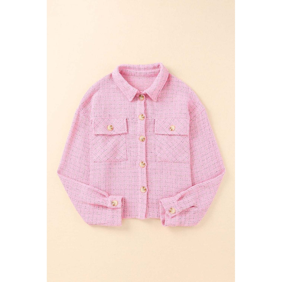 Womens Pink Plaid Tweed Button Up Shacket Image 1