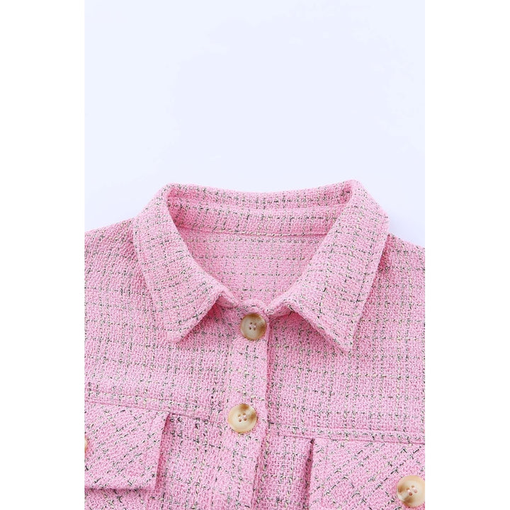 Womens Pink Plaid Tweed Button Up Shacket Image 3
