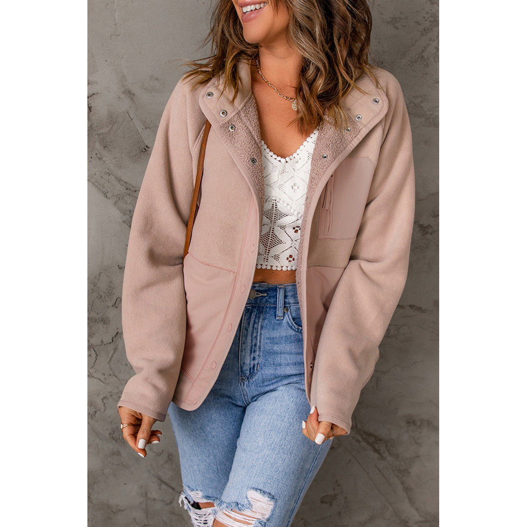 Women's Pink Faux Shearling Lining Snap Button Suede Jacket Image 1