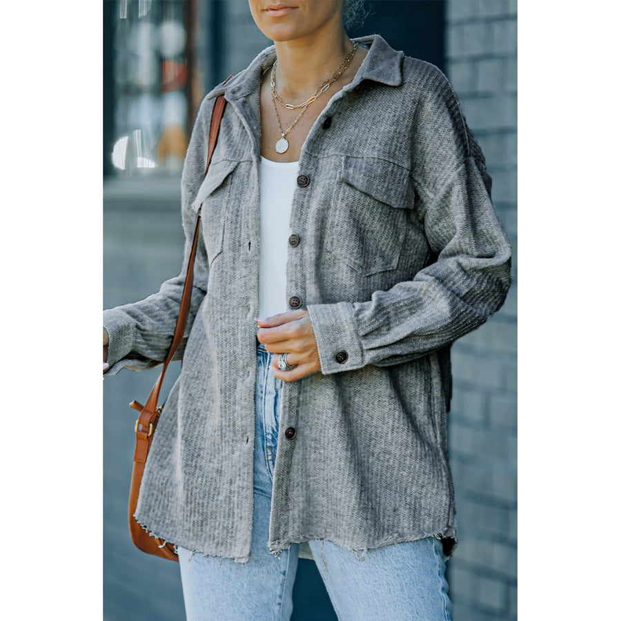 Women's Gray Textured Button Down Shirt Jacket with Pockets Image 1
