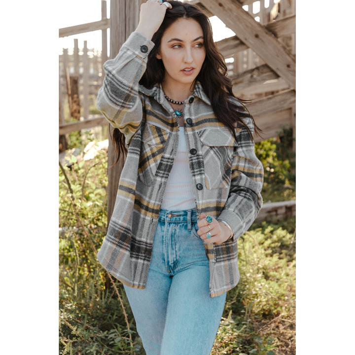 Womens Gray Plaid Print Pocketed Shirt Jacket Image 3