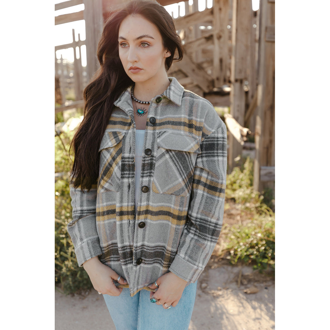 Womens Gray Plaid Print Pocketed Shirt Jacket Image 4