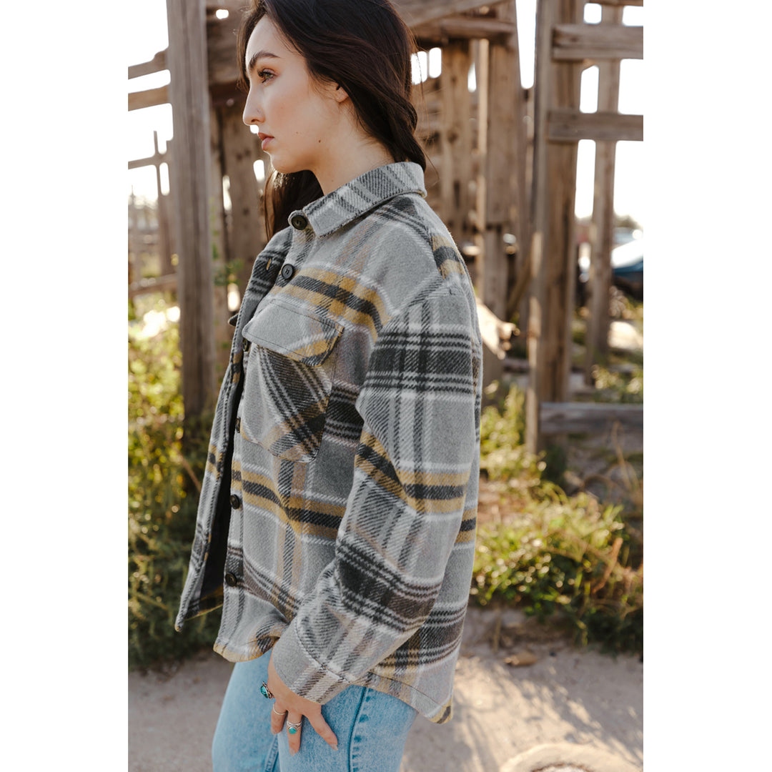 Womens Gray Plaid Print Pocketed Shirt Jacket Image 6