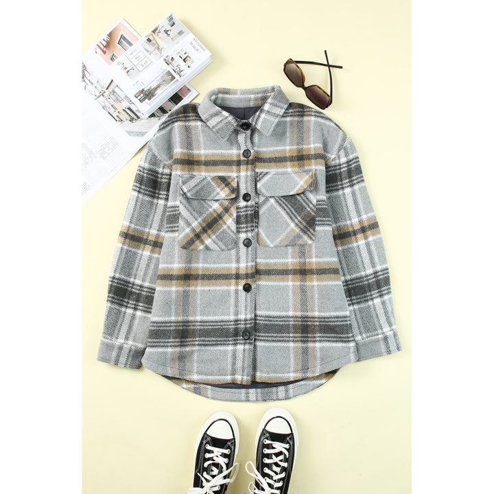 Womens Gray Plaid Print Pocketed Shirt Jacket Image 8