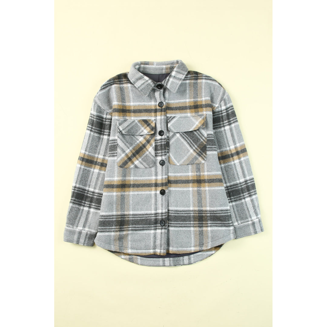 Womens Gray Plaid Print Pocketed Shirt Jacket Image 10