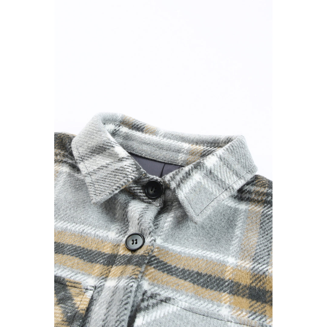 Womens Gray Plaid Print Pocketed Shirt Jacket Image 11