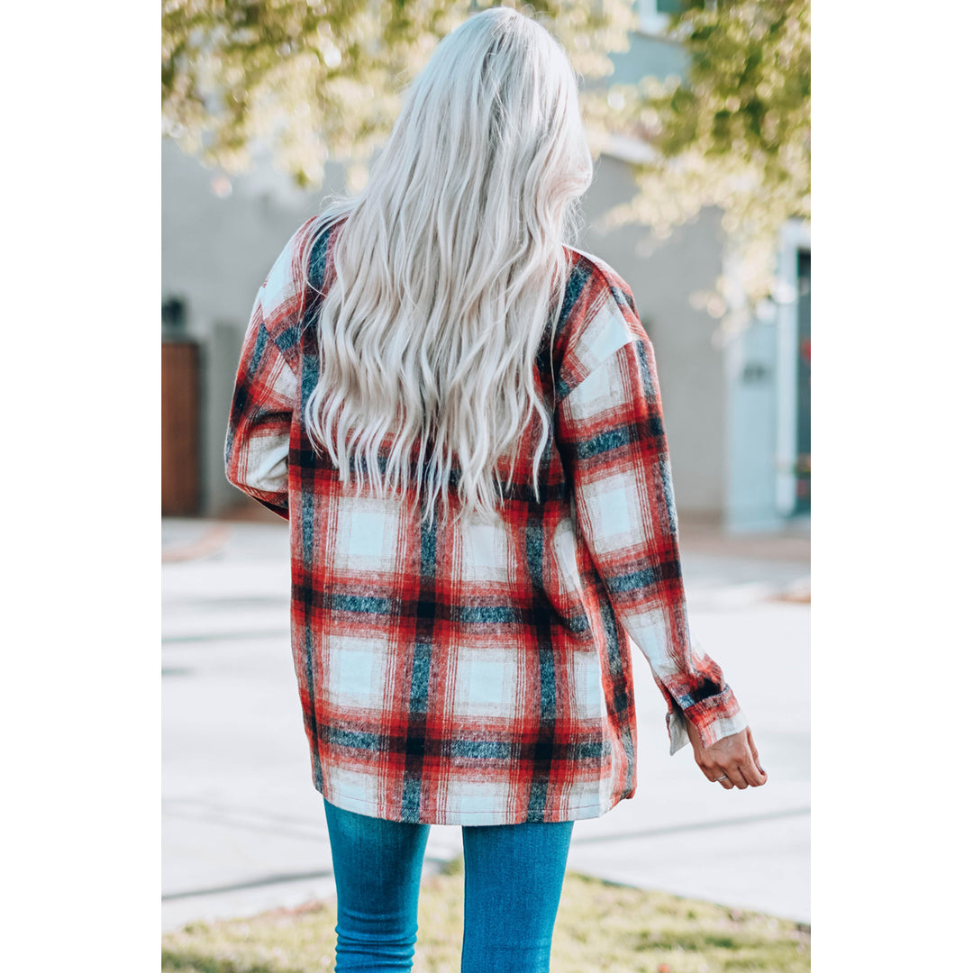 Women's Red Turn down Neck Plaid Pocket Button Closure Coat Image 2
