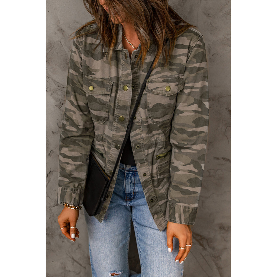 Womens Green Camo Print Multi Pockets Button-up Jacket Image 4