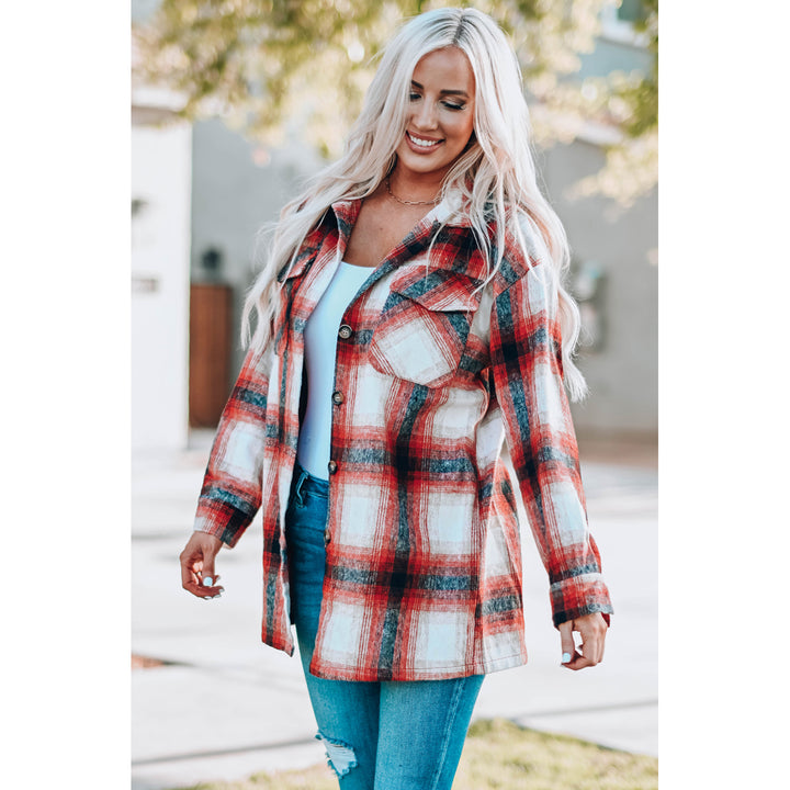 Women's Red Turn down Neck Plaid Pocket Button Closure Coat Image 3