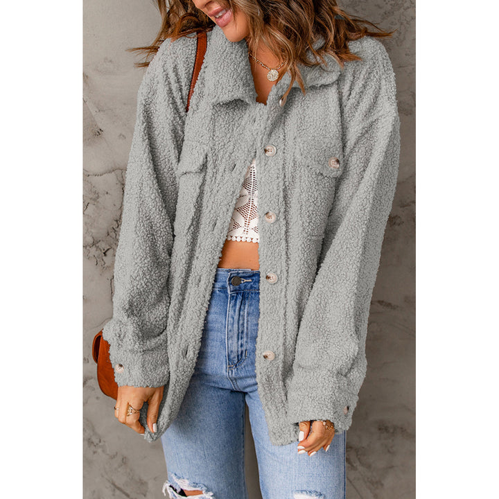 Women's Gray Flap Pockets Button Front Teddy Jacket Image 1