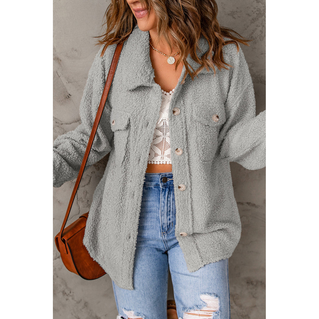 Women's Gray Flap Pockets Button Front Teddy Jacket Image 3