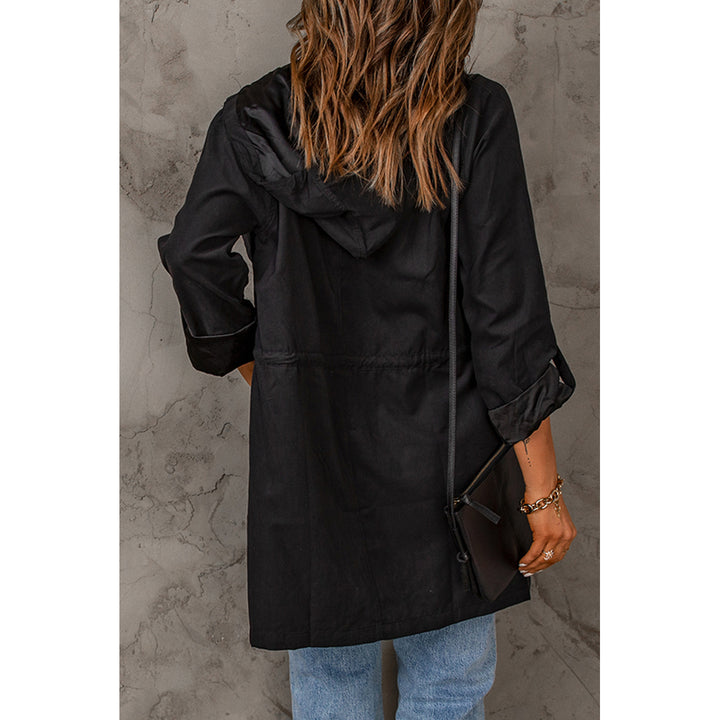 Womens Black Drawstring Turndown Collar Hooded Outerwear Image 2