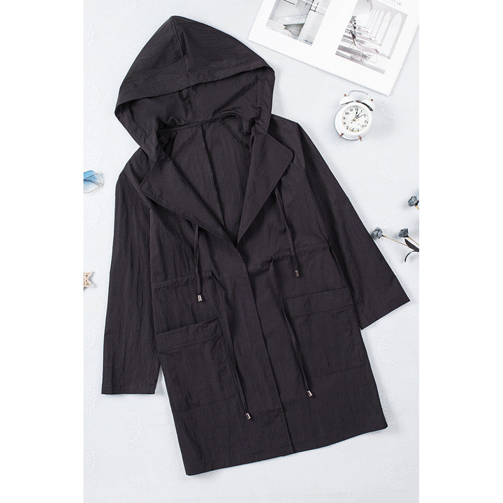 Womens Black Drawstring Turndown Collar Hooded Outerwear Image 6