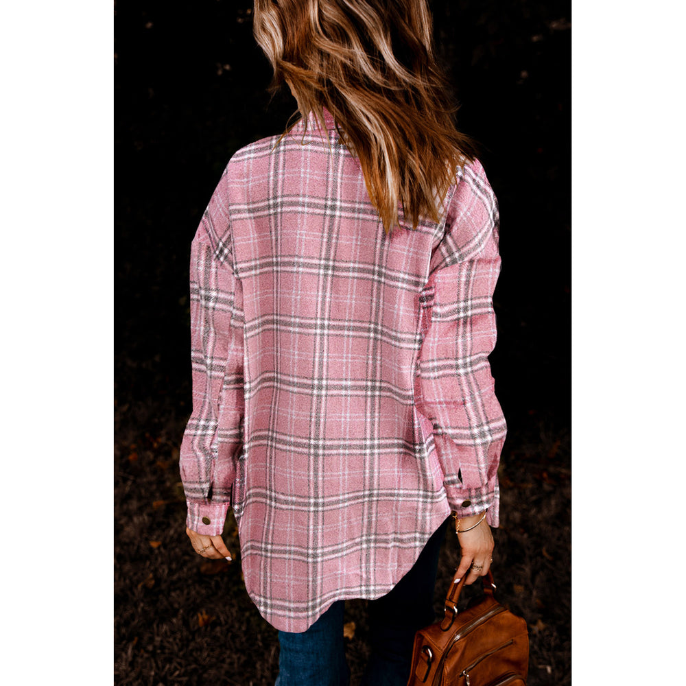 Women's Pink Plaid Pattern Buttoned Shirt Coat with Slits Image 2