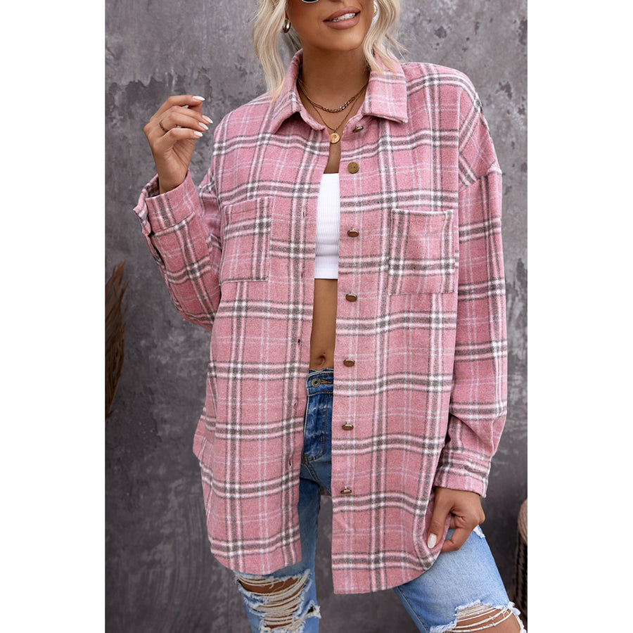 Women's Pink Plaid Pattern Buttoned Shirt Coat with Slits Image 1