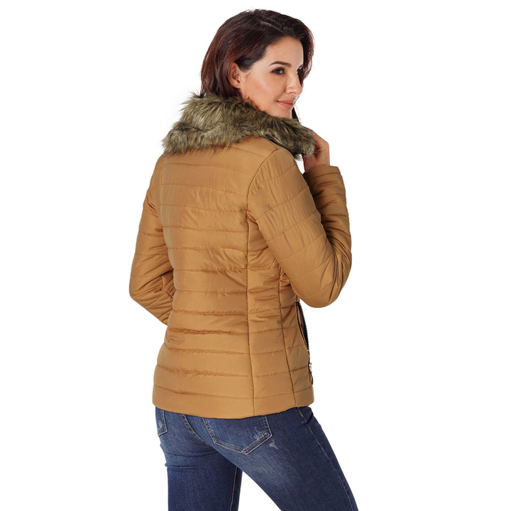 Womens Camel Faux faux Collar Trim Black Quilted Jacket Image 2