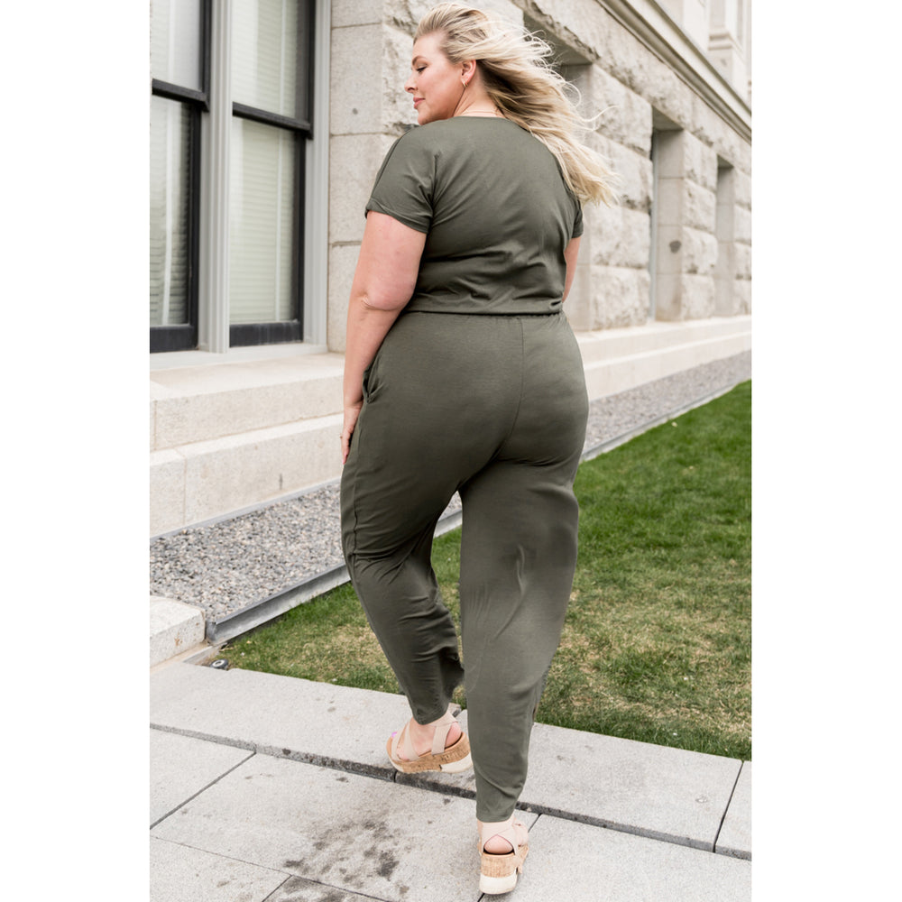 Womens Green Drawstring Straight Leg Wrap V Neck Plus Size Jumpsuit Image 2