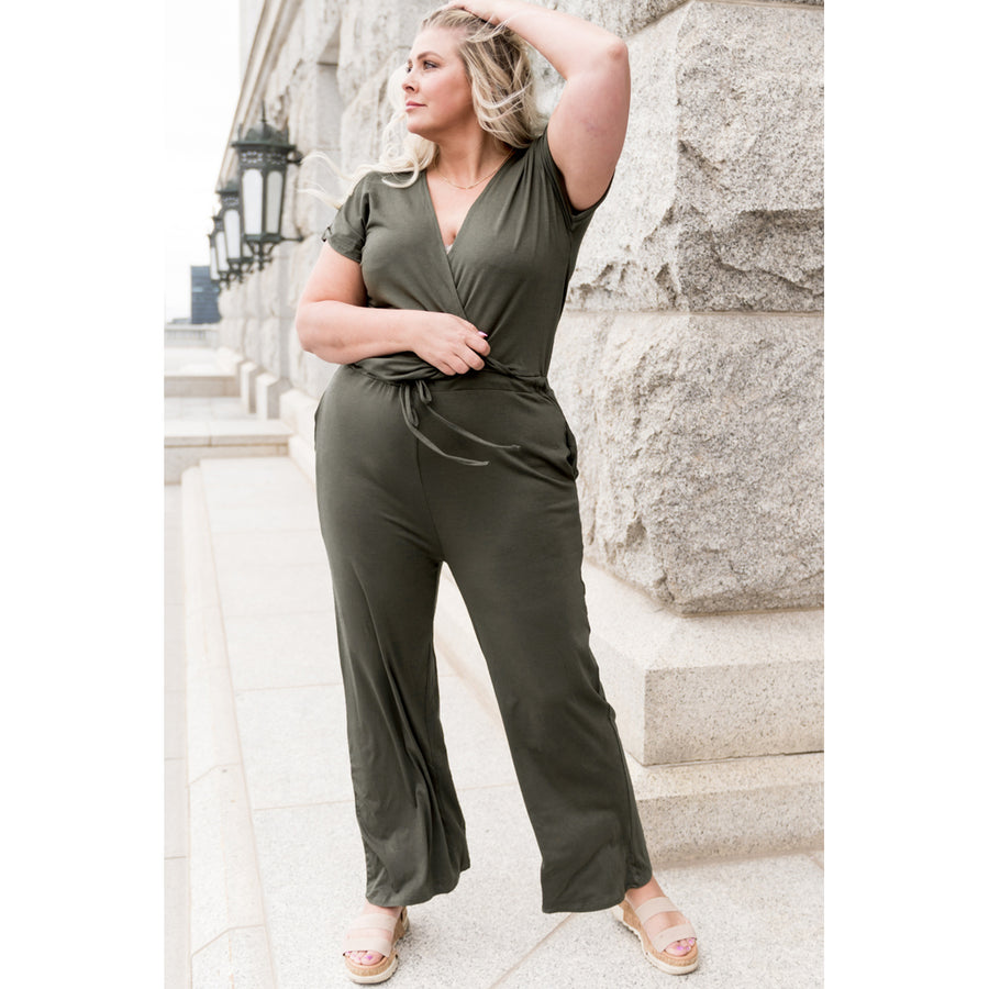 Womens Green Drawstring Straight Leg Wrap V Neck Plus Size Jumpsuit Image 1