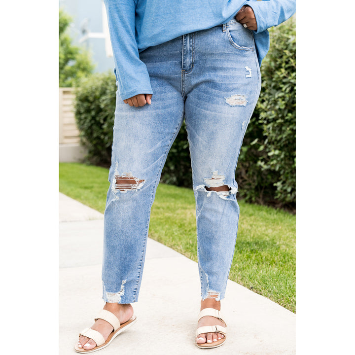 Womens Sky Blue Distressed Holes Frayed Hem Plus Size Jeans Image 3