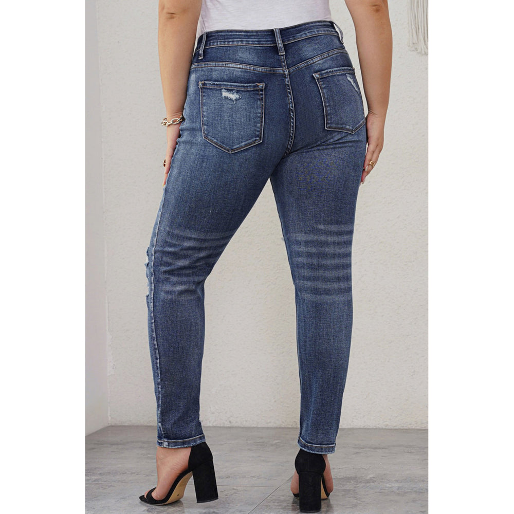 Womens Blue Distressed High Waist Plus Size Jeans Image 2