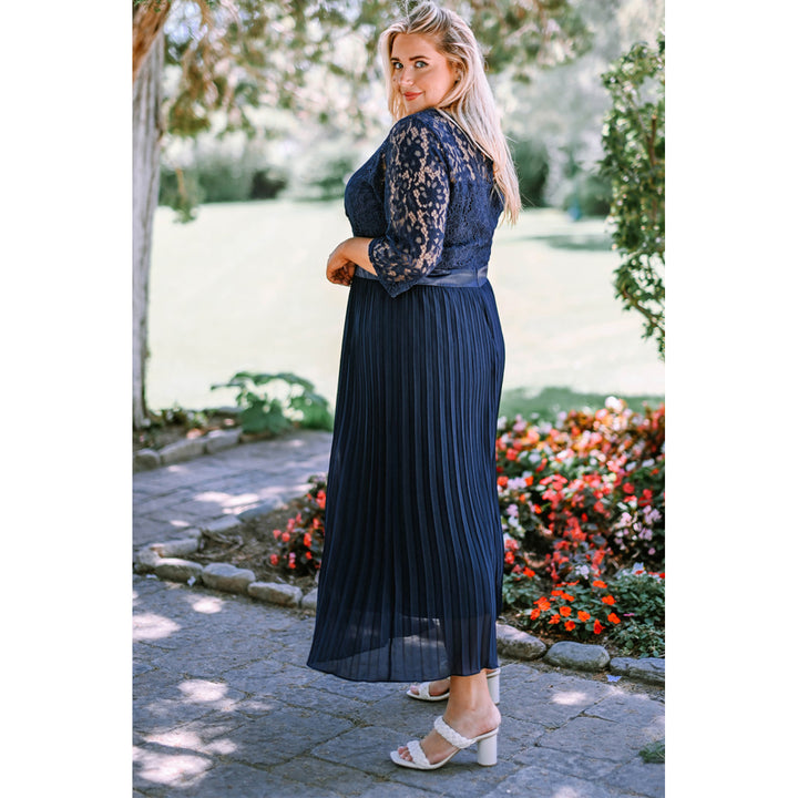 Women's Blue Lace Scalloped V Neck 3/4 Sleeves Pleated Tulle Plus Maxi Dress Image 2