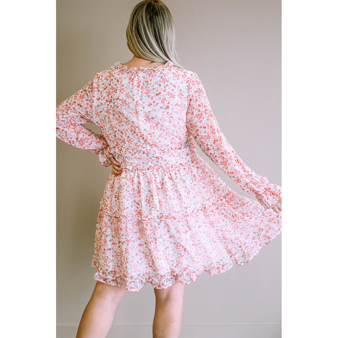 Womens Pink Frilled Tiered Floral Plus Size Dress Image 2
