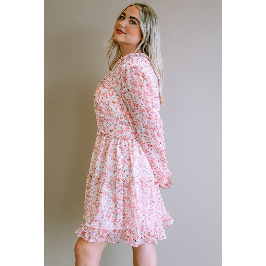 Womens Pink Frilled Tiered Floral Plus Size Dress Image 1