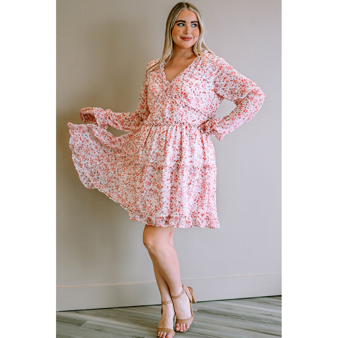 Womens Pink Frilled Tiered Floral Plus Size Dress Image 4