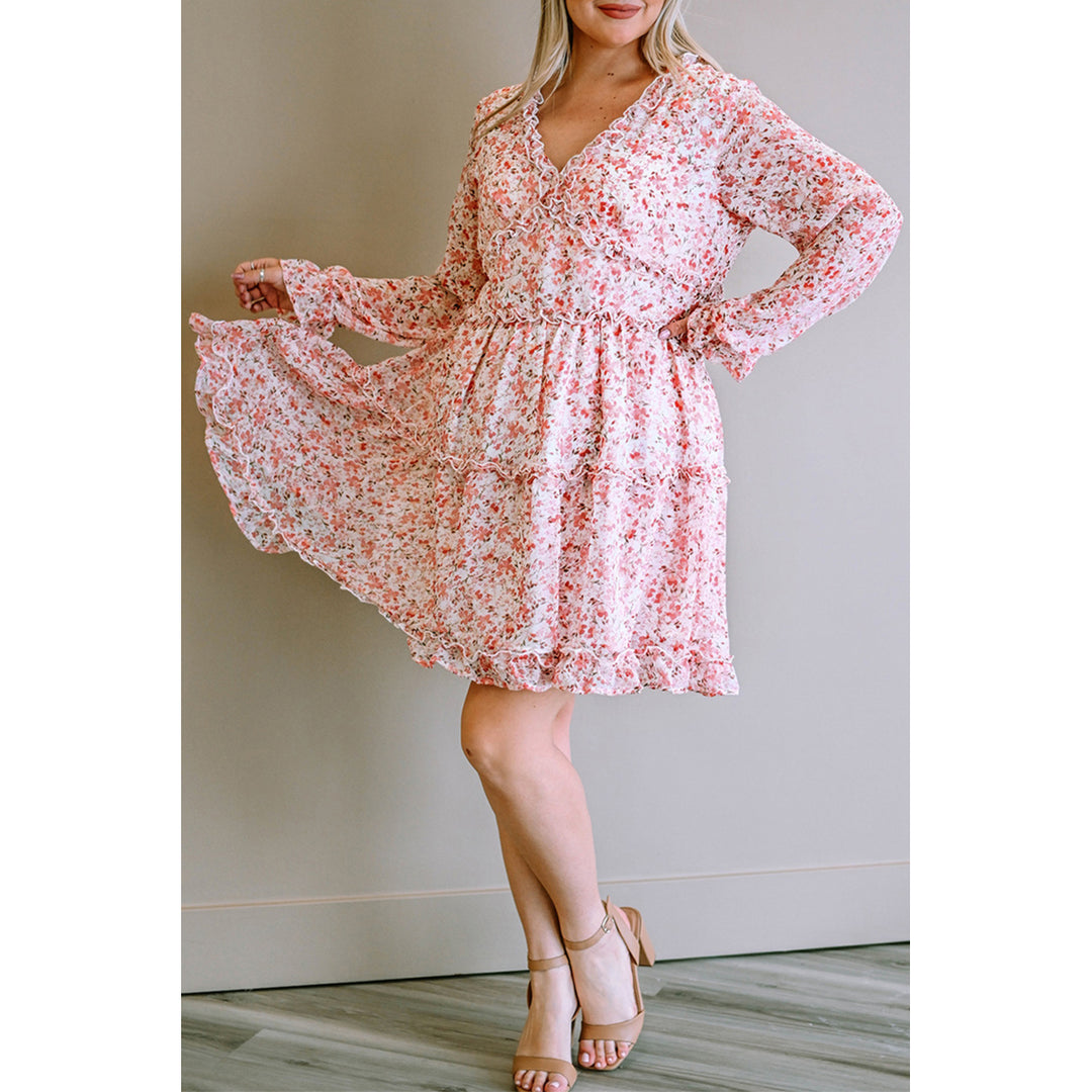 Womens Pink Frilled Tiered Floral Plus Size Dress Image 6