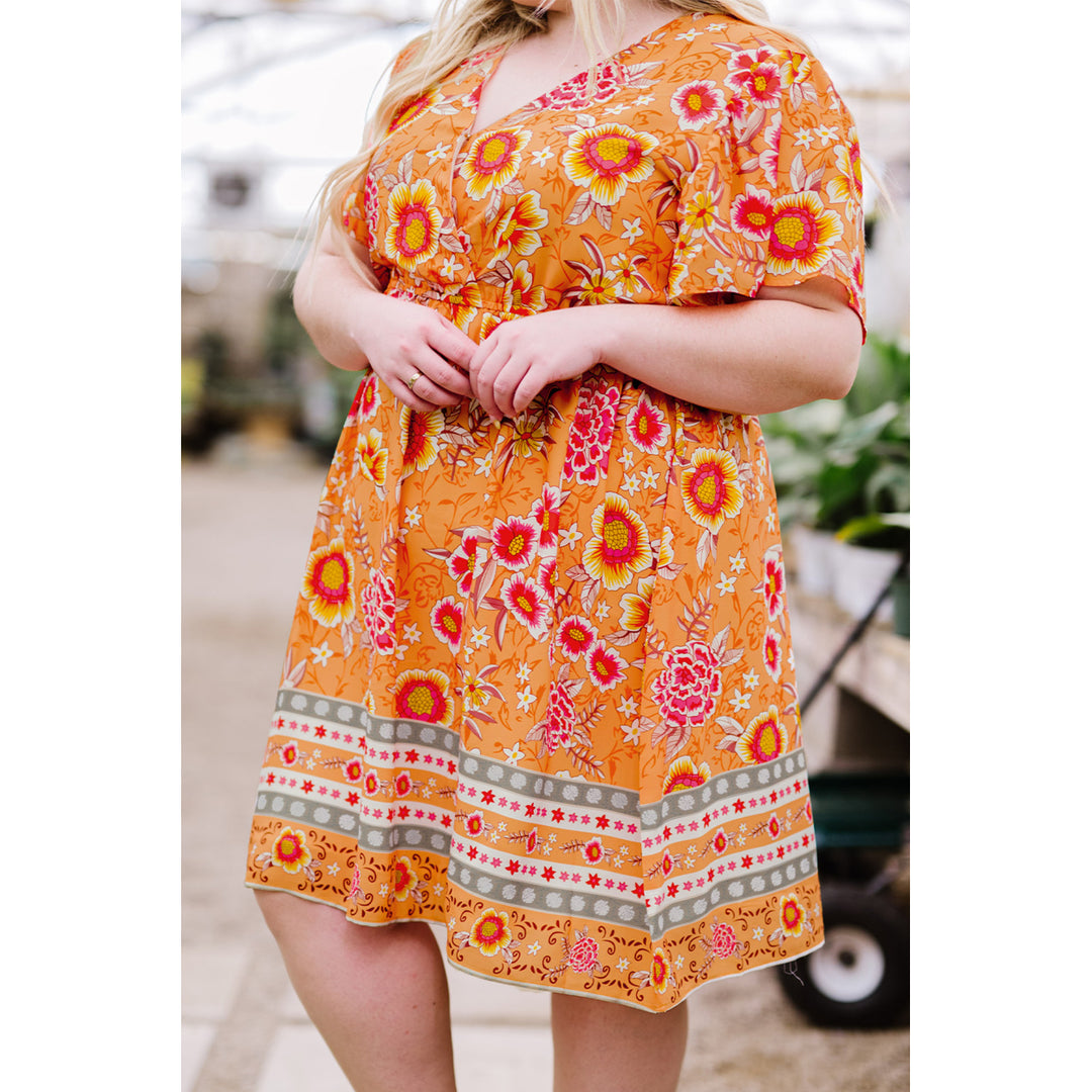 Womens Orange Plus size Floral Deep V Neck Mini Dress Image 3