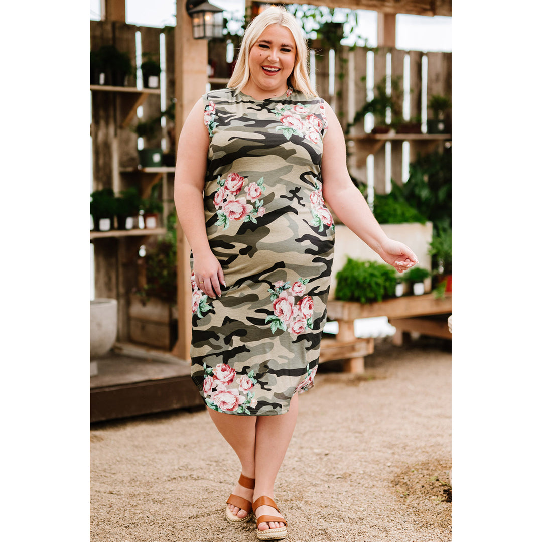 Womens Green Plus Size Camo Floral Sleeveless Maxi Dress Image 3