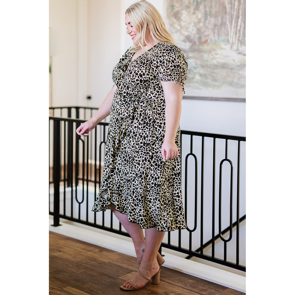 Womens Leopard Print Ruffled Lace-up Plus size Midi Dress Image 2