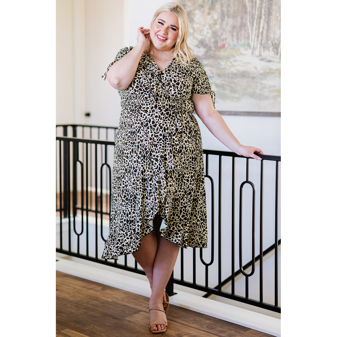 Womens Leopard Print Ruffled Lace-up Plus size Midi Dress Image 3