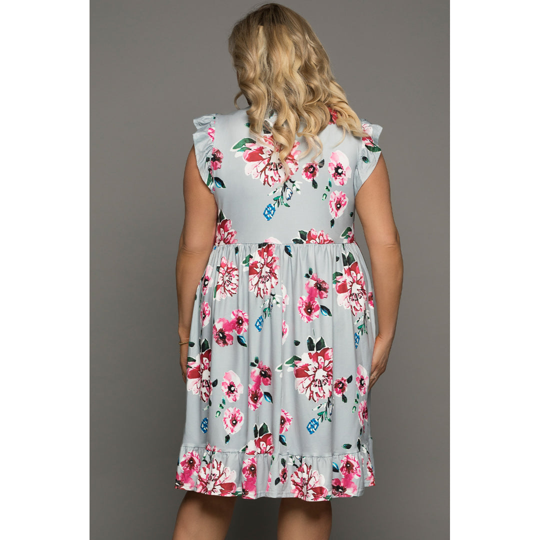 Women's Gray Plus size Floral Print Ruffle Sleeve Mini Dress Image 1