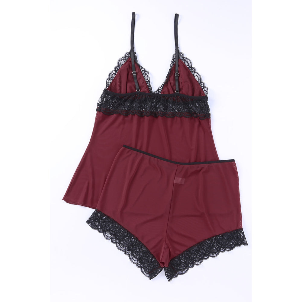 Womens Red Wine Lace Mesh Splicing Plus Size Pajamas Set Image 2